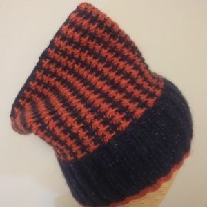 Knit, Soft Merino Wool Blend Hat Navy Blue and Burnt Orange (Hand Knit)